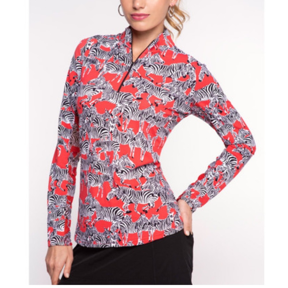 IBKUL Womens Sun Protective UPF 50 Cooling Long Sleeve Zip Mock Neck Gino Red L